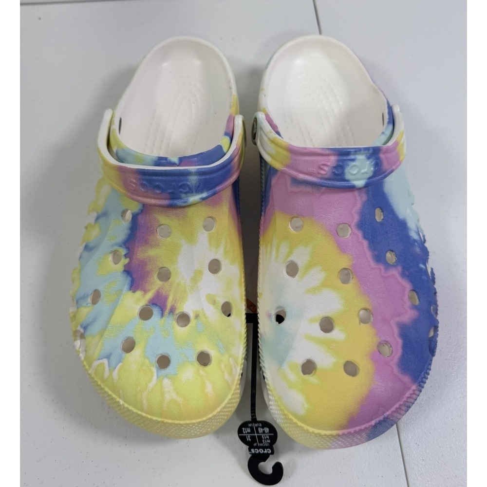 Crocs Classic Tie-Dye Clogs Men's 13 White/Multi Pastel Rainbow Pride 🌈